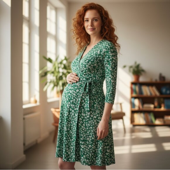 NWT MAMA X H&M Jersey Floral Wrap Style Dress  Green Medium - Picture 1 of 9